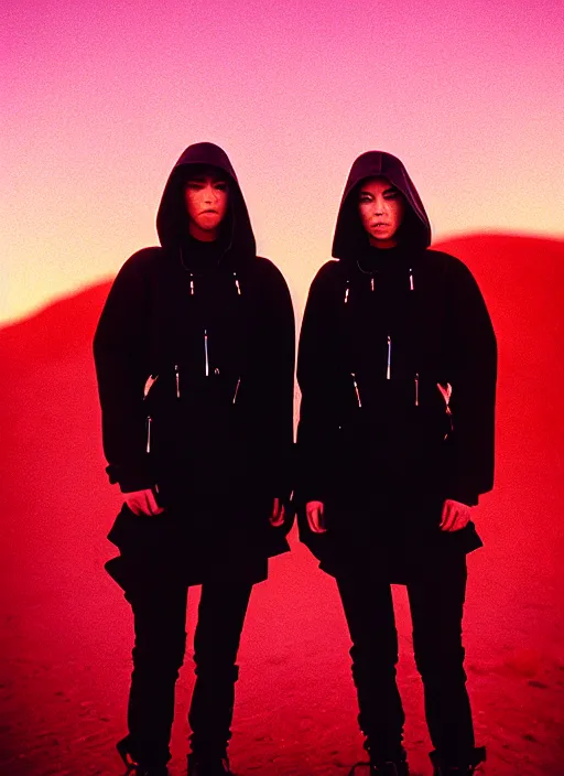 Image similar to cinestill 5 0 d photographic portrait of two loving clones, beautiful women wearing rugged black techwear on a desolate plain with a red sky, extreme closeup, diverse species, cyberpunk style, in front of a brutalist dark metal facility, dust storm, 3 5 mm, 8 k, f / 3 2, high resolution, ultra realistic faces