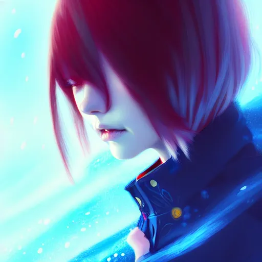 Image similar to giant droplets of water floating around rimuru tempest, flying with wings, sky blue straight hair, bangs, with amber eyes, red tailcoat, high collar, ultra fine detail, dark theme, digital painting, psychedelic, cinematic, wlop, pixiv, ilya kuvshinov, ross tran