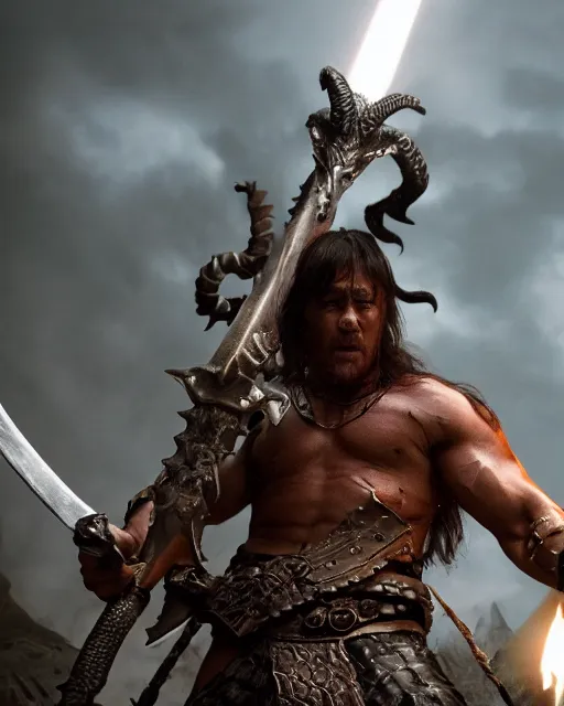 Prompt: closeup Photo of Conan the Barbarian with a sword fighting a fantasy dragon in a dungeon, rim lighting, octane, Natasha Tan, Maciej Kuciara, Edgar Rice Burroughs,