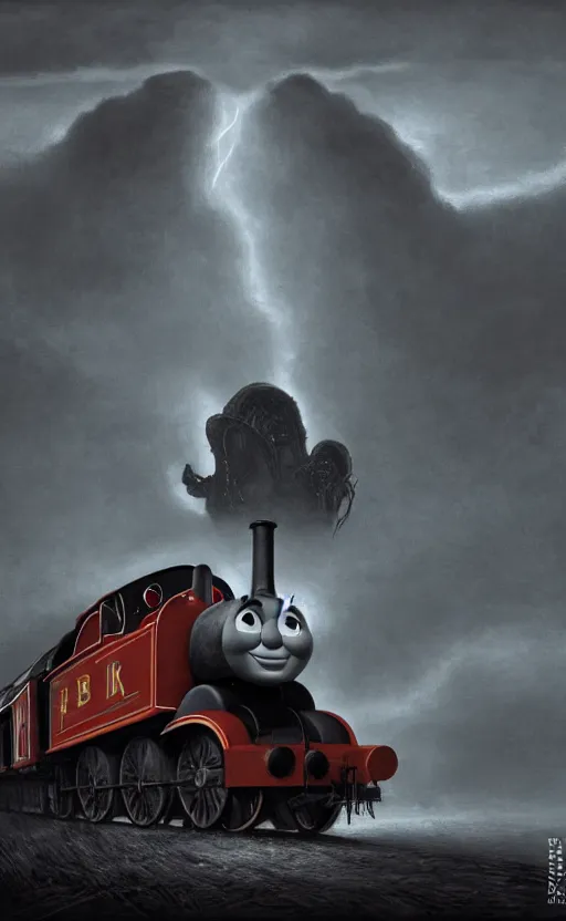 Image similar to thomas the tank engine in style of zdzisław beksinski, extremely dramatic lighting, 8 k, tendrils, black, darkness, black slime tendrils, infected, rust, body horror, thomas the train, thomas the tank engine face, horror,