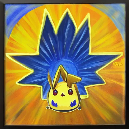 Prompt: painting of winged pikachu, celestial, miraculous, sun rays, award winning