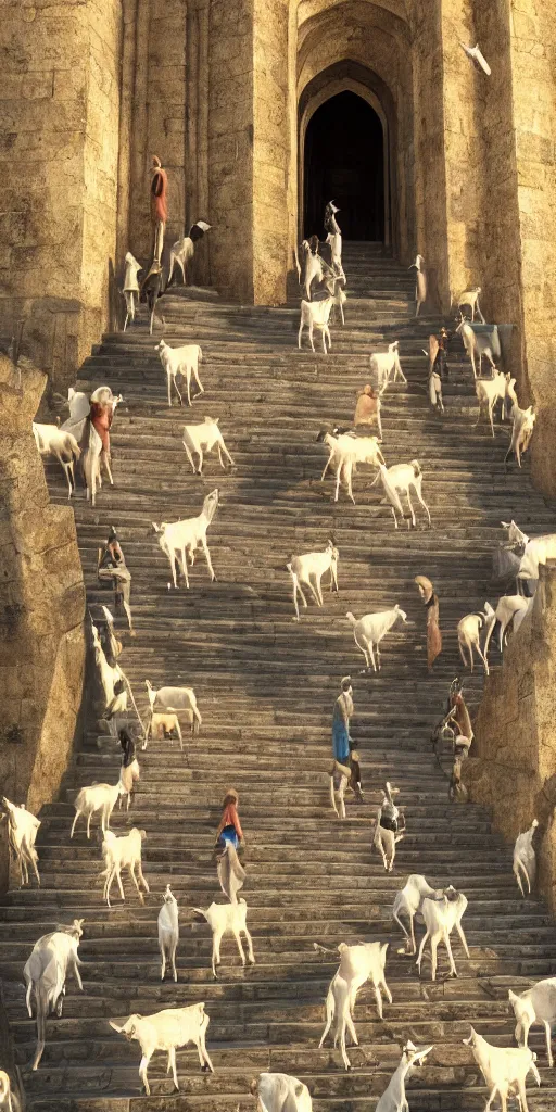 Image similar to a herd of goats! on stairs in a beautiful fantasy cathedral, medieval citadel, medieval castle, many goats, magic, tall towers, gorgeous clouds, colorful, open space, sunrays, digital painting, landscape, octane render, unreal engine, high detail, very realistic