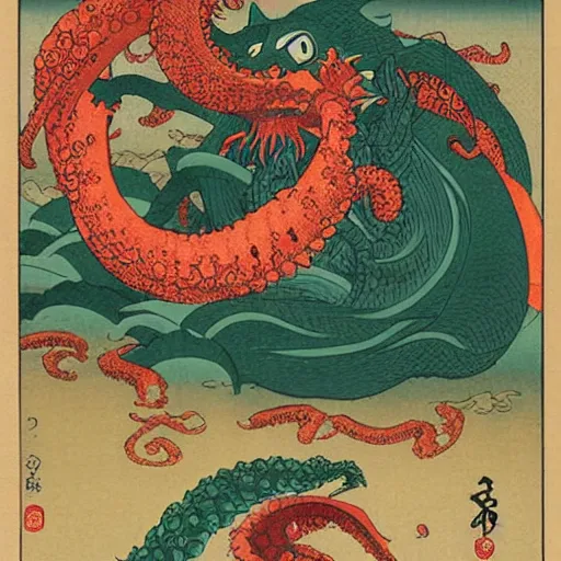 Image similar to ukiyo-e of Cthulhu rising from the depths