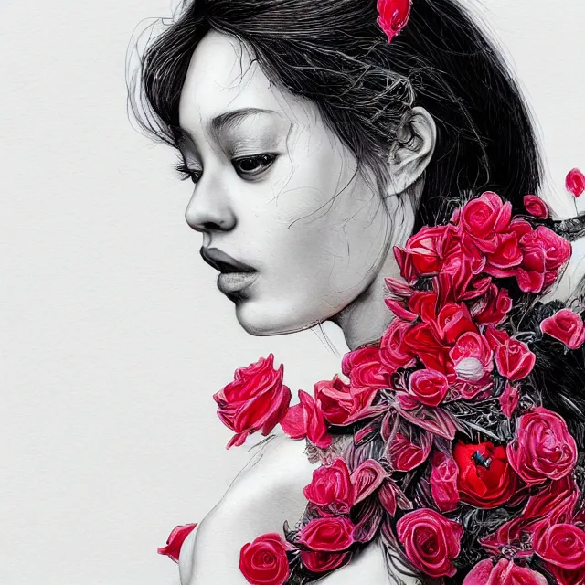 Image similar to studio portrait absurdly beautiful, elegant, graceful, young hypercolorful contrast latina gravure idol rubies and red petals, ultrafine hyperrealistic detailed face illustration by kim jung gi, irakli nadar, intricate linework, sharp focus, bright colors, matte, octopath traveler, final fantasy, unreal engine highly rendered, global illumination, radiant light, intricate environment