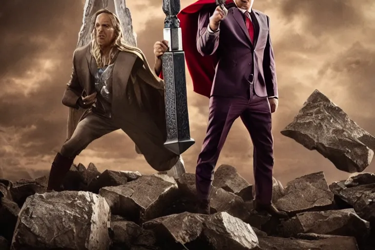 Image similar to saul goodman wearing thor's outfit holding mjolnir., cinematic, dramatic, color grading, photojournalism, highly detailed