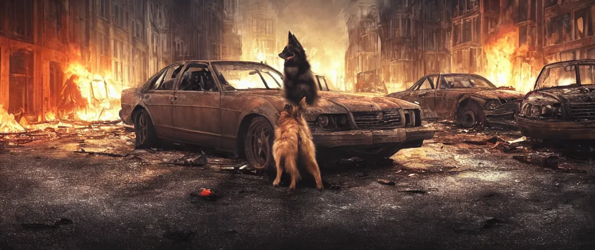 Image similar to A beautiful hyper realistic ultra detailed of a close-up front view shot of scruffy german shepherd standing in the middle of a city street at night in an abandoned post-apocalyptic city with abandoned cars on fire and crumbling buildings, unreal engine, deviant art, flickr, artstation, octane render, textured, colorful, extreme realistic detail, physically based rendering, pbr render, very detailed, volumetric lighting, octane render, 4k, cinematic, 8k resolution,