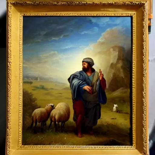 Image similar to realistic painting of abel the shepherd of sheep, shepherding the flock, in the style of miguelangel