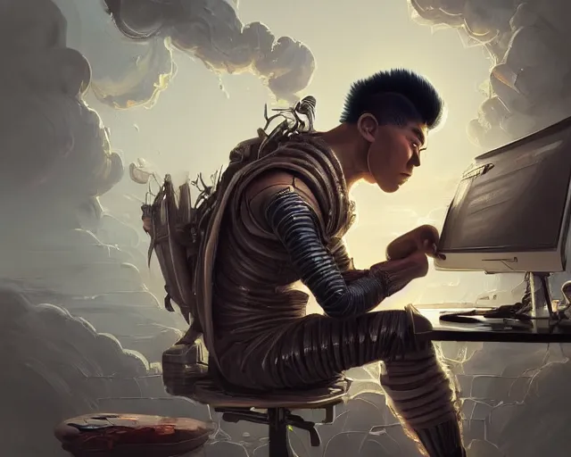 Prompt: an insanely detailed painting of an asian man wearing a homemade superhero costume, sitting at a desk, staring at the nervously at the computer and typing, in the style of peter mohrbacher, dramatic lighting and composition, surreal background, octane render, pixar, trending on artstation, concept art, comic book, view from behind