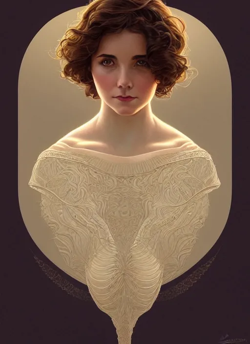 Image similar to symmetrical, full body portrait of a woman with short wavy hair, round face, cottagecore!!, lake, intricate, elegant, highly detailed, digital painting, artstation, concept art, smooth, sharp focus, illustration, art by artgerm and greg rutkowski and alphonse mucha