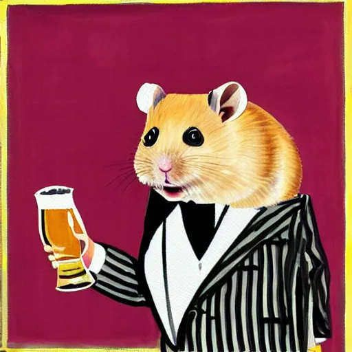 Prompt: painting of a hamster in a suit having a beer