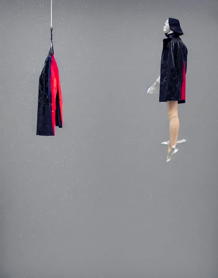 Image similar to close - up portrait of an empty slick fashionable zara raincoat floating suspended mid - air on a glittering wet rainy display designed by james terrell, wes anderson, felipe pantone, symmetry, rule of thirds