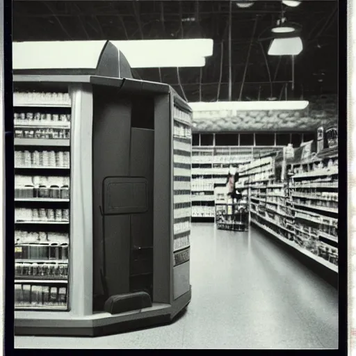 Prompt: Vintage Photograph of a futuristic time machine inside of a grocery store, shallow depth of field, awkward, out of place, polaroid 600 Color