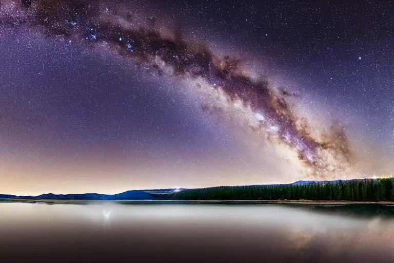 Image similar to beautiful nighttime landscape photography of the Rocky Mountains with a crystal blue lake, hyper detailed andromeda galaxy sky, serene, dramatic lighting, hyperrealist reflections on the water surface, wide angle lens