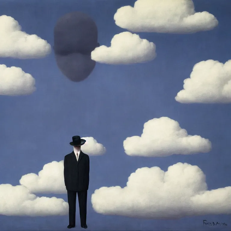 Prompt: portrait of a faceless shadow - head man in a suit, clouds in the background, by rene magritte, detailed painting, distance, middle centered, hd, hq, high resolution, high detail, 4 k, 8 k