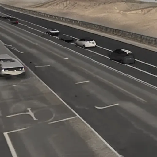 Image similar to scp foundation redacted video footage of scp - 0 9 6 attacking a minivan with a traffic jam in a desert highway.