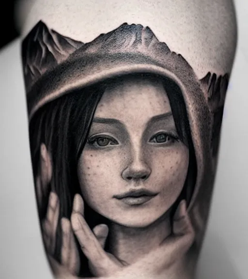 Image similar to a beautiful girl faded in a mountain scenery, realism tattoo, in the style of den yakovlev, black and white, hyper realistic, highly detailed