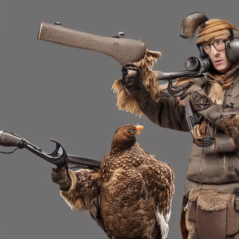 Prompt: a 3 d model of a grouse holding a blunderbuss, studio lighting, octane render, hyper detailed, product photography, 8 k, highly detailed