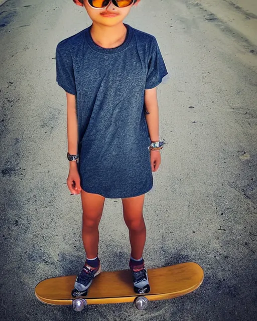 Image similar to low angle iphone HDR photo of beautiful swag Iwakura Lain as a fit slender skateboard kid on the beach wearing rayban shades in Florida, 35mm, cinematic, trending on Instagram, trending on ArtStation, by WLOP, 8k, 4k, HD