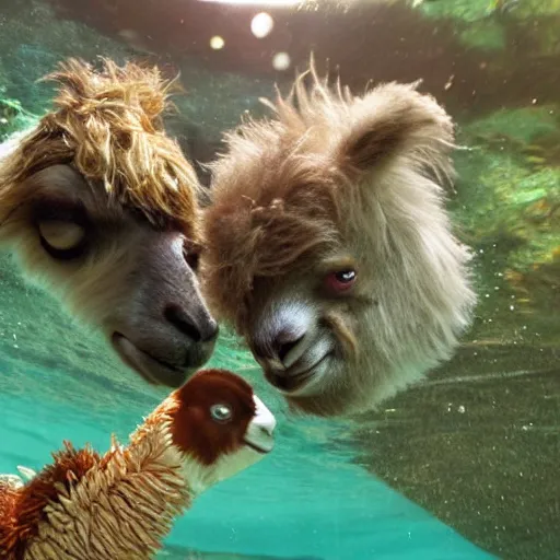 Image similar to llama and sloth underwater blowing bubbles