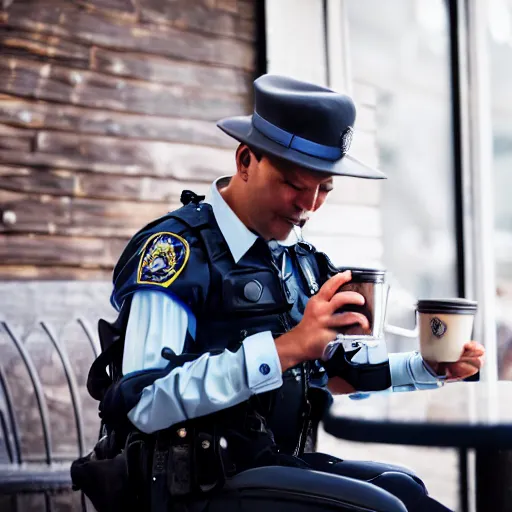 Image similar to a robotic police officer drinking tea in a coffee shop sitting down relaxed, professional photography