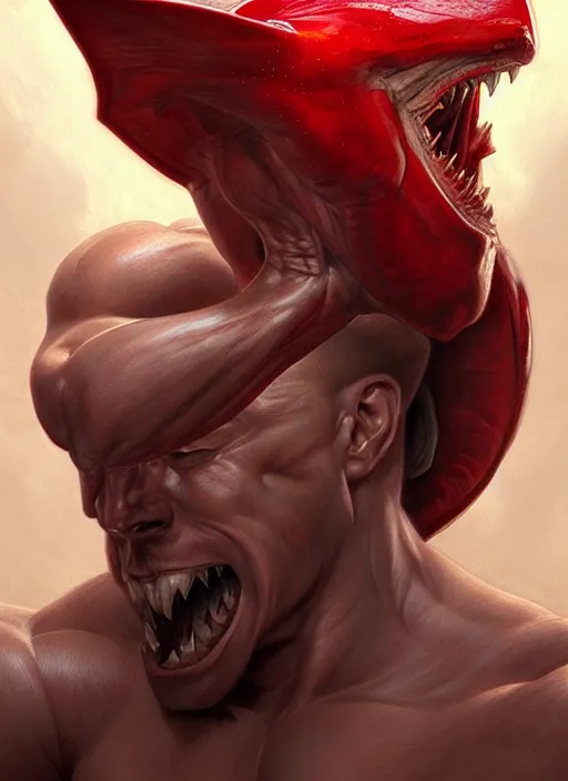 Prompt: portrait of a super muscular red human with a shark head punching a wall, d & d, muscular! fantasy, intricate, elegant, highly detailed, digital painting, artstation, concept art, smooth, sharp focus, illustration, art by artgerm and greg rutkowski and alphonse mucha