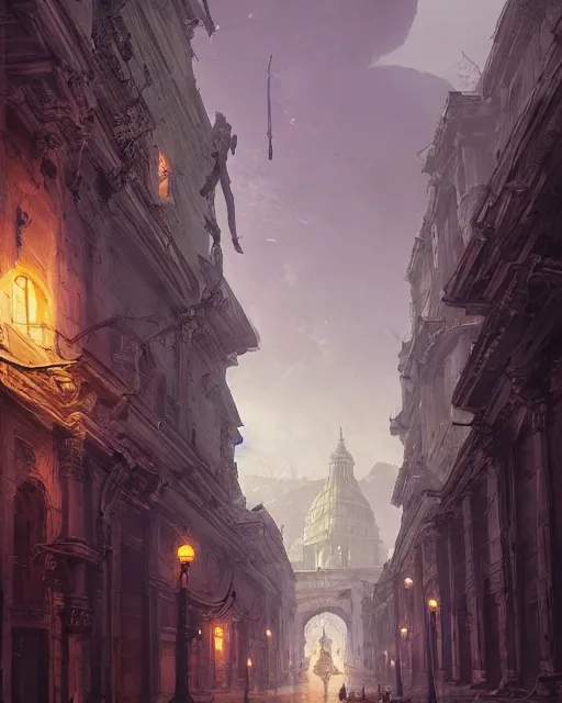 Image similar to eternal city, city of secrets, purple, environment art, fantasy art, landscape art, in the style of greg rutkowski, illustration, epic, fantasy, intricate, hyper detailed, artstation, concept art, smooth, sharp focus, ray tracing