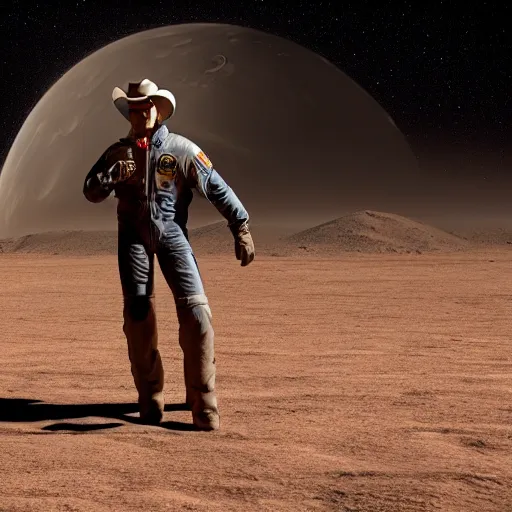 Image similar to apollo 8 cowboy earthrise cowboy in cowboy space, octane render, blender render, unreal engine, 3 5 mm, cowboy