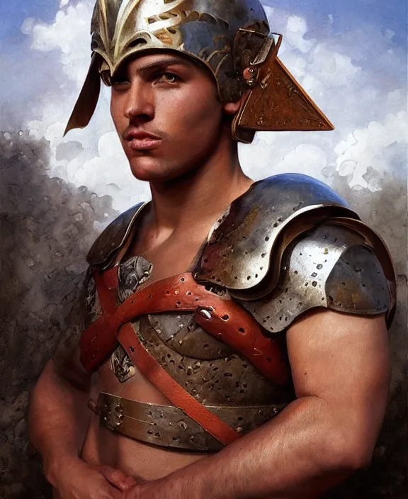 Image similar to portrait of a handsome young latin gladiator, art by denys tsiperko and bogdan rezunenko and franz xaver kosler, hyperrealism, fantasy art