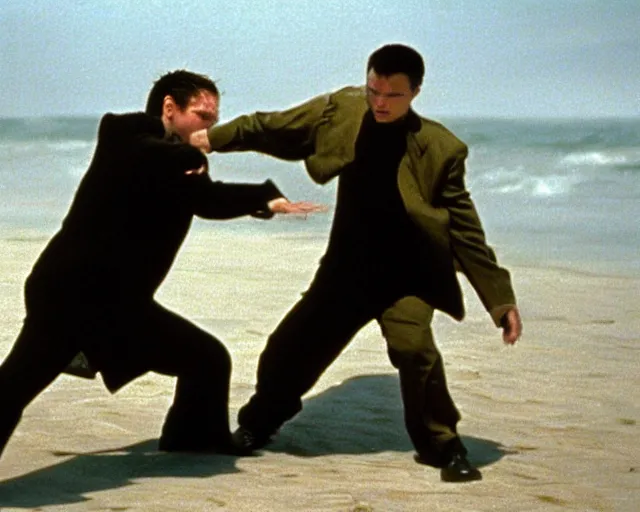 Prompt: a wide angle movie still from the matrix 1 9 9 9 showing leonardo dicaprio fighting neo on the beach, close - up face, shot on celluloid with panavision cameras, panavision lenses, 3 5 mm film negative width, anamorphic projection format, critically acclaimed, oscar winning practical effects