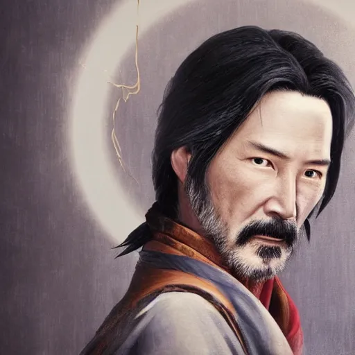 Image similar to portrait painting of a 6 0 year old kind handsome taoist priest ， looks like keanu reeves ， silver ponytail hair, amiable by yangjun chen, nadar, bright colors, octopath traveler, unreal engine 5 highly rendered, global illumination, radiant light, detailed and intricate environment