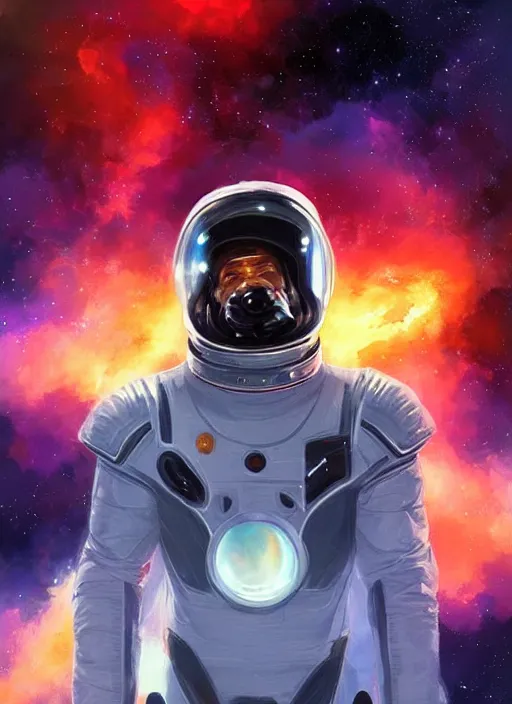 Image similar to handsome black man in an advanced spacesuit in front of exploding nebulae halos, digital illustration trending on artstation by artgerm and rutkowski