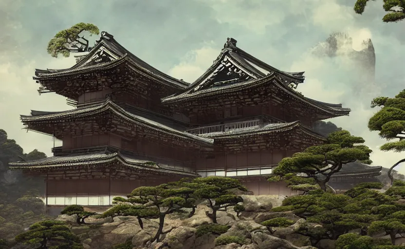 Image similar to highly detailed painting of old, ruined, japanese palace from sengoku period, surrounded by dense rock formations, high in mountains, cinematic lighting, photobash, unreal engine render, nanite