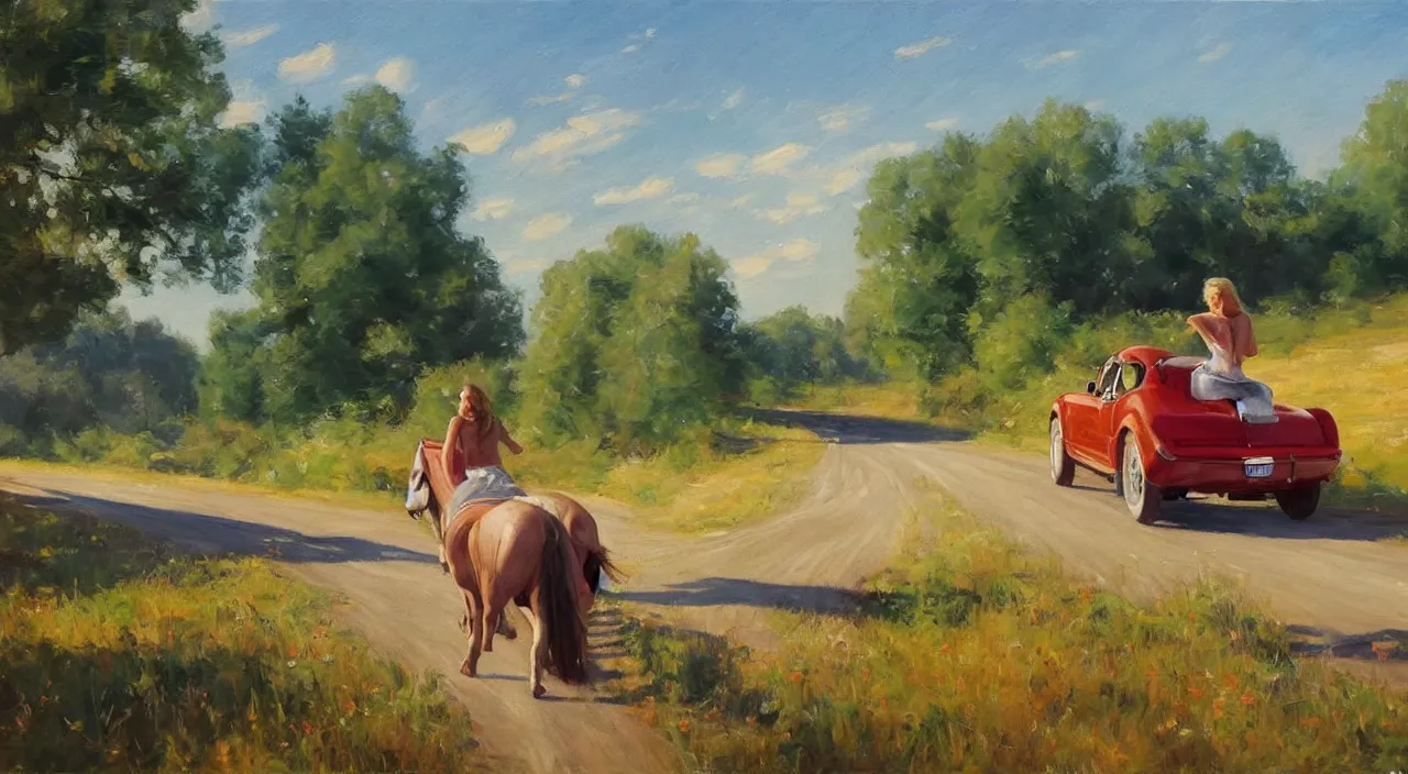 Prompt: 1950 blonde driving a mustang on a country road, Swedish countryside, freedom, dawn, impressionism, realistic, painting by Vladimir Volegov, artstation, beautiful, masterpiece