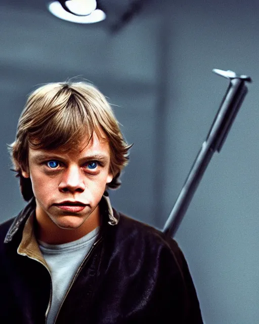 Image similar to very low angle high quality hyper realistic portrait of young mark hamill portraying luke skywalker, dark dramatic lighting, portrait realistic and insanely detailed, great composition, 8 k