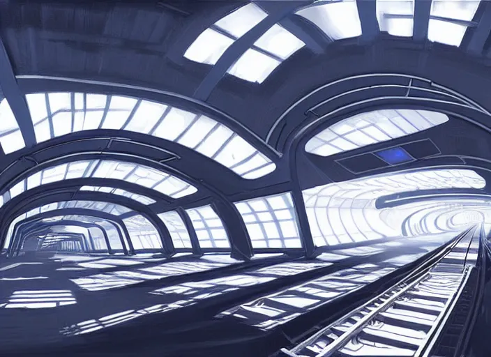 Prompt: a futuristic sci - fi train station, digital art, realistic, detailed, paint