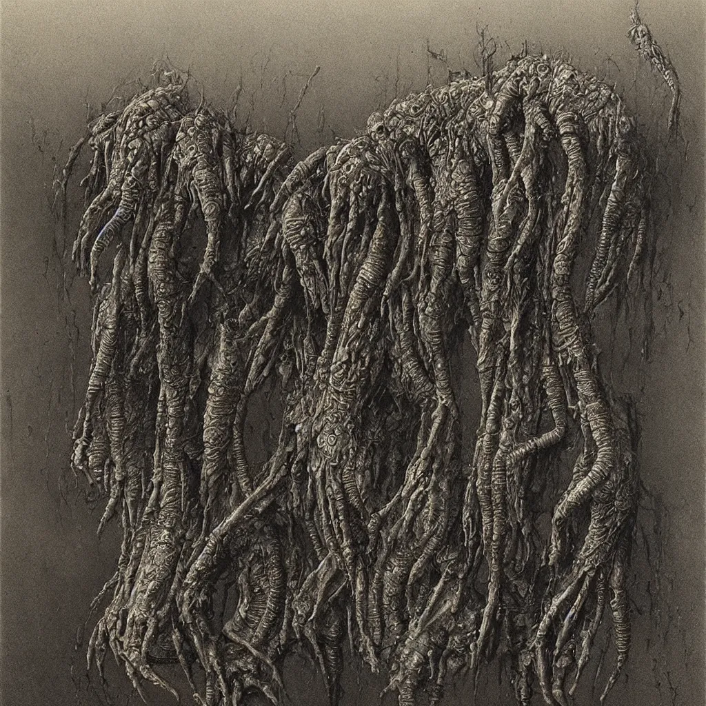 Image similar to gritty, disgusting, vile, wretched, centipede, beksinski