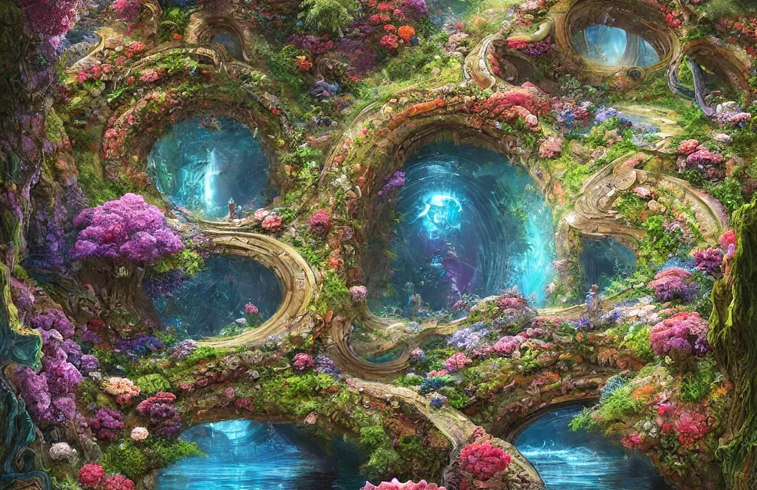 Prompt: a painting of a river winding through a large metallic portal in a cliff valley garden with flowers and plants, a detailed matte painting by android jones :. 0 6, cgsociety :. 5, psychedelic art :. 2 5, detailed painting :. 1, greeble :. 5, biomorphic