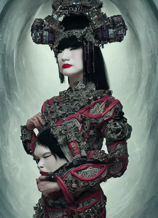 Image similar to portrait of a sensual cyberpunk geisha cyborg with headpiece, imari, modern fine art, fractal, in the style of ghosts in the shell, intricate ornaments, elegant, highly detailed, digital photography, subsurface scattering, by mc escher and greg rutkowski,