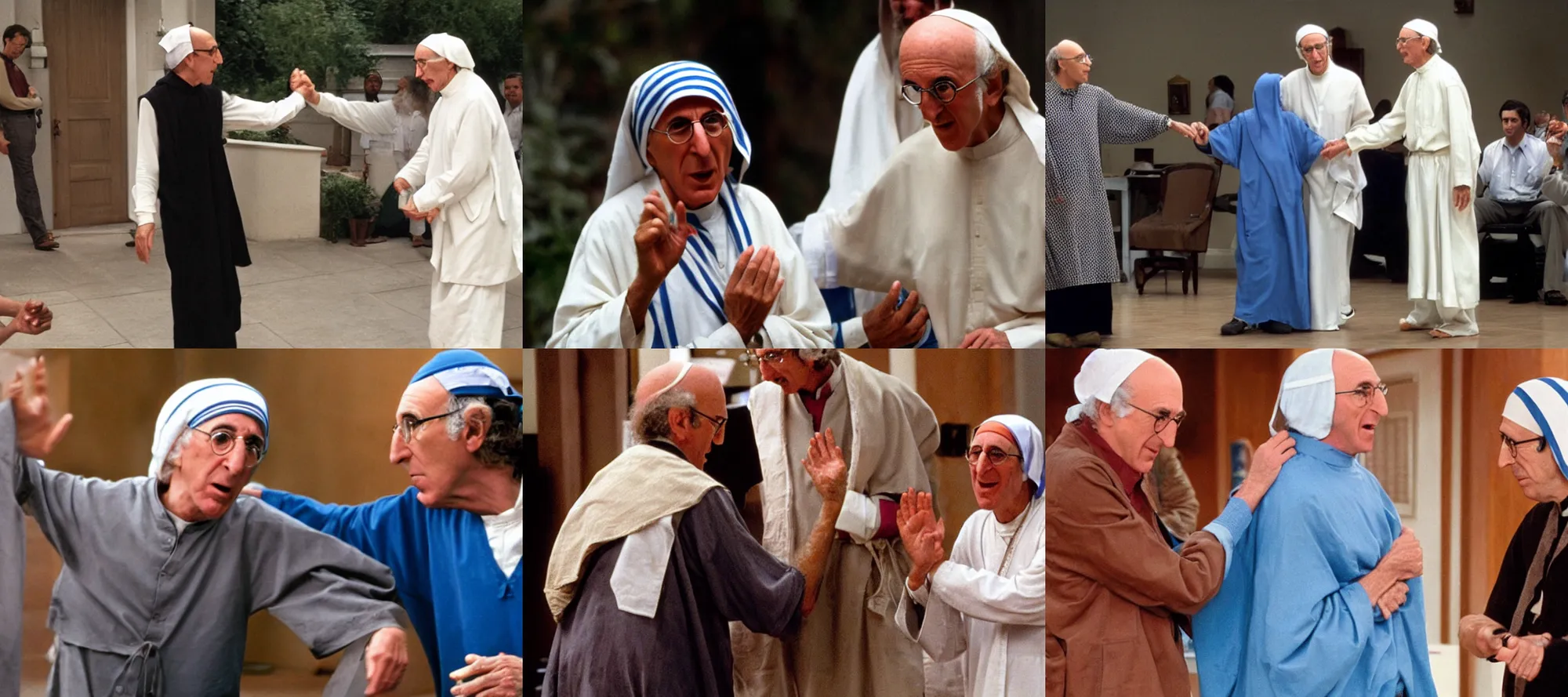 Prompt: Mother Teresa slapping Larry David in a synagogue