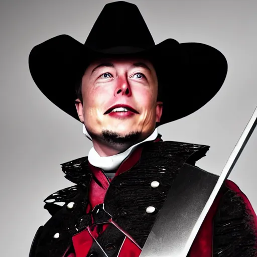 Image similar to photo of elon musk as a musketeer, he has a big black hat with a red feather, he is holding a shiny rapier sword and he is looking straight to the camera, studio lighting