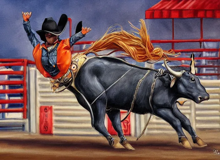 Image similar to mechanical rodeo bull, detailed bull, anime, ralph goings, cartoon styled painting