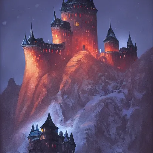 Image similar to Dracula's castle, dark mountains, night, bats in sky, by Andreas Rocha