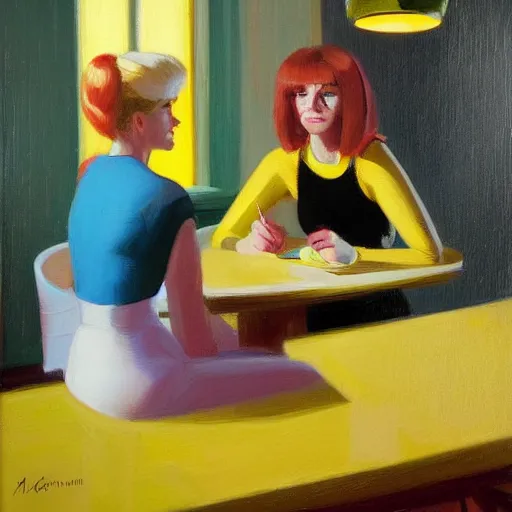 Image similar to by michael malm electric yellow, powerpuff girls. a computer art of two people, a man & a woman, sitting at a table. the man is looking at the woman with interest. the woman is not interested in him. there is a lamp on the table between them.