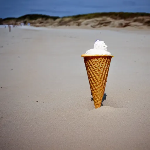 Prompt: a giant ice cream cone laying at the beach