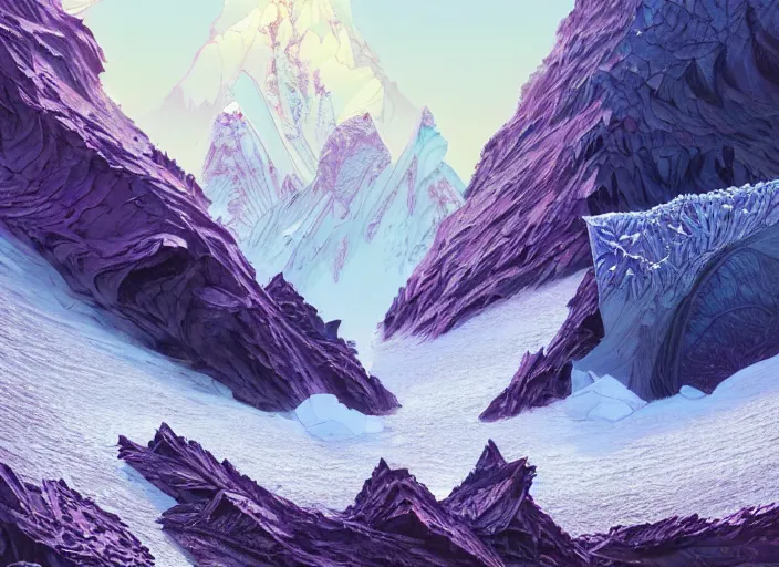 Image similar to detailed intricate digital illustration by greg rutkowski and wlop and sanford robinson gifford ; icy glacier landscape with shards of purple glistening geode sticking up from the ground like mountains, puffy clouds and snow ; 1 3 mm film, arri alfa anamorphic lens ; sharp focus, golden hour lighting, trending on artstation 4 k