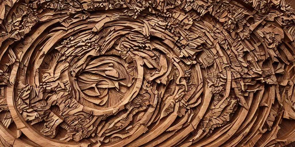 Prompt: a detailed wood carving of the collapse of the universe