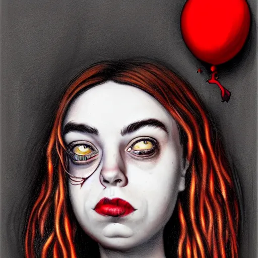 Image similar to surrealism grunge cartoon portrait sketch of billie eilish with a wide smile and a red balloon by - michael karcz, loony toons style, homer simpson style, horror theme, detailed, elegant, intricate