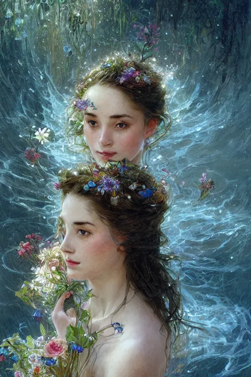 Image similar to portrait of a beautiful mysterious woman holding a bouquet of flowing flowers, wet dripping long hair, hands hidden under the bouquet, emerging from the water, fantasy, regal, intricate, by stanley artgerm lau, greg rutkowski, thomas kindkade, alphonse mucha, loish, norman rockwell