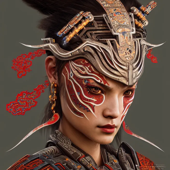 Prompt: symmetry! portrait of a hybrid angry warrior, face decorated with chinese opera motifs, leds horizon zero dawn machine, intricate, elegant, highly detailed, digital painting, artstation, concept art, smooth, sharp focus, illustration, art by artgerm and greg rutkowski and alphonse mucha, 8 k
