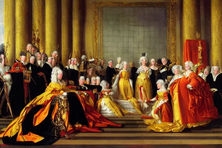 Image similar to the queen of england surrrounded by her court, painting by le nain